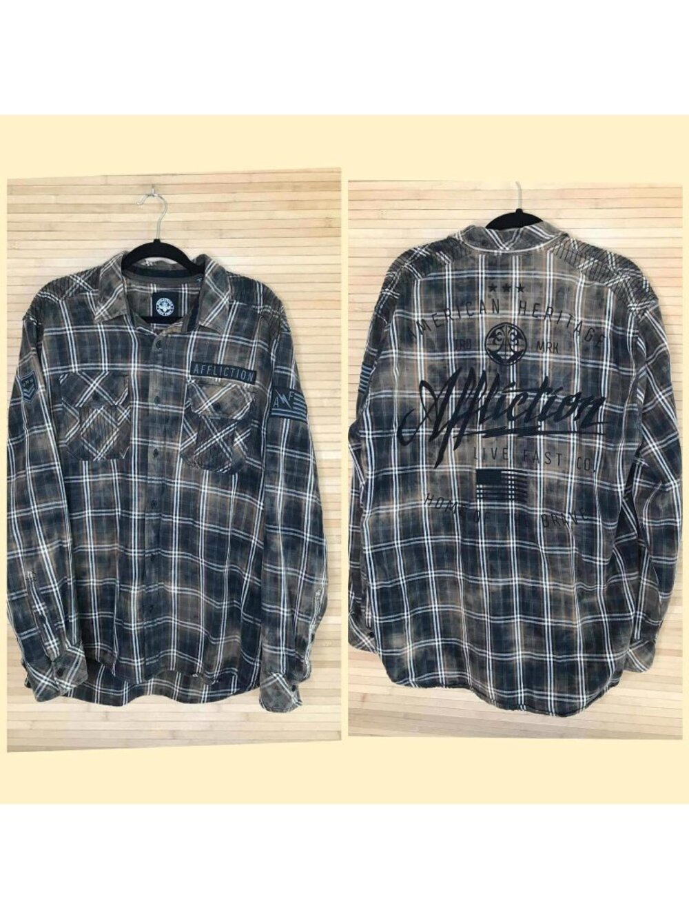 Affliction Brown distressed Y2k long sleeve plaid flannel logo mens XL